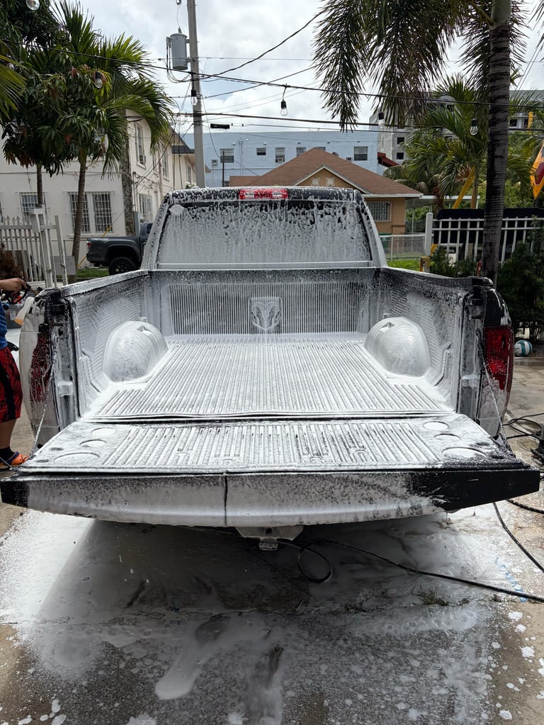 Empty pickup truck bed being washed with a hose in a residential neighborhood with palm trees